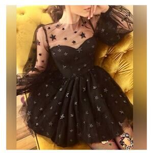 Lirika Matoshi Sz XL Teuta Tulle Dress Star Embellished in Black